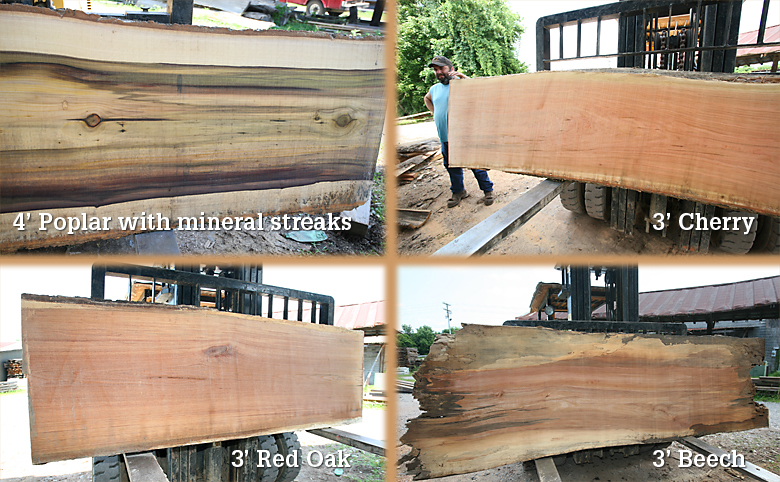 Poplar and cherry logs cut for large slabs